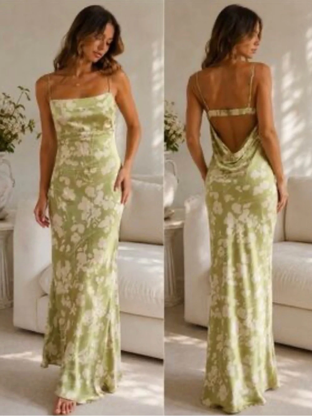 Abercrombie & Fitch Sage Green Floral Satin Cowl Back Maxi Dress